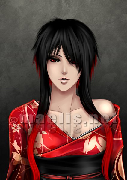 Anime picture 600x848 with original m-aelis single long hair tall image fringe black hair red eyes red hair traditional clothes japanese clothes multicolored hair lips hair over one eye two-tone hair girl kimono