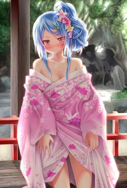 Anime picture 1000x1480 with touhou hinanawi tenshi imachi single tall image blush light erotic red eyes blue hair traditional clothes japanese clothes alternate hairstyle hair up girl hair ornament kimono