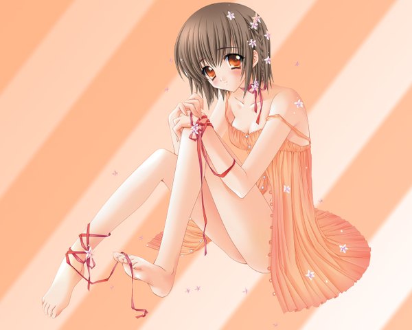 Anime picture 1280x1024 with carnelian single looking at viewer blush fringe short hair breasts brown hair barefoot hair flower off shoulder bare legs orange eyes legs girl dress hair ornament flower (flowers) ribbon (ribbons) petals