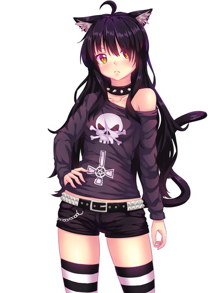 Anime picture 1200x1600 with original betsy nottytiffy single long hair tall image looking at viewer blush fringe black hair simple background hair between eyes standing white background bare shoulders animal ears yellow eyes ahoge long sleeves cat ears
