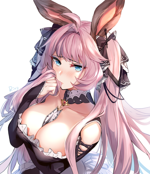 Anime picture 721x840 with azur lane granblue fantasy formidable (azur lane) tien (granblue fantasy) aki663 single long hair tall image looking at viewer blush fringe breasts blue eyes light erotic simple background large breasts white background twintails bare shoulders signed