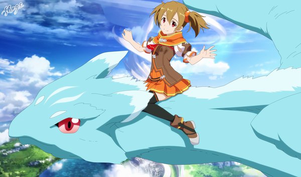 Anime picture 3000x1767 with sword art online a-1 pictures silica pina (sao) shugo19 single looking at viewer fringe highres short hair smile hair between eyes red eyes brown hair wide image sitting twintails signed sky cloud (clouds)