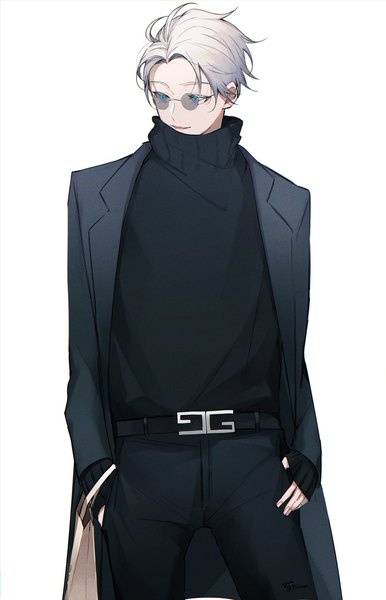 Anime picture 1316x2048 with jujutsu kaisen mappa gucci gojou satoru yui (linaw-key08) single tall image short hair blue eyes simple background standing white background looking away silver hair turning head hands in pockets fashion boy belt sweater