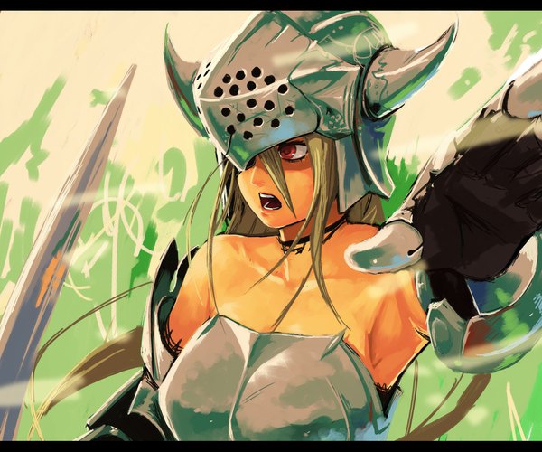 Anime picture 1134x945 with original yuuji (and) long hair open mouth blonde hair bare shoulders pink eyes armpit (armpits) girl armor helmet