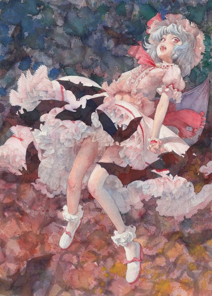 Anime picture 1234x1725 with touhou remilia scarlet misawa hiroshi single tall image short hair open mouth red eyes grey hair looking down traditional media watercolor (medium) girl navel animal wings socks white socks bonnet bat
