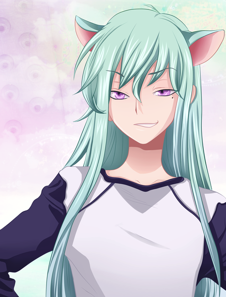 Anime picture 1000x1315 with loveless j.c. staff youji hao-hime single long hair tall image simple background smile purple eyes animal ears aqua hair grin coloring girl