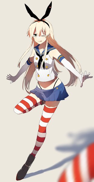 Anime picture 1000x1924 with kantai collection shimakaze destroyer heiwa (murasiho) single long hair tall image looking at viewer simple background blonde hair one eye closed wink grey background grey eyes zettai ryouiki :p girl thighhighs skirt gloves ribbon (ribbons)