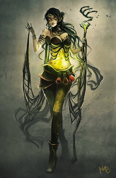 Anime picture 782x1200 with radittz single long hair tall image looking at viewer black hair simple background smile bare shoulders green eyes bare belly hair bun (hair buns) dark background glow witch girl boots bracelet belt staff