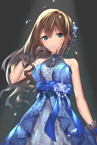 Anime picture 852x1280 with idolmaster idolmaster cinderella girls idolmaster cinderella girls starlight stage shibuya rin seedkeng single long hair tall image looking at viewer blush fringe breasts hair between eyes brown hair standing bare shoulders parted lips aqua eyes floral print black background