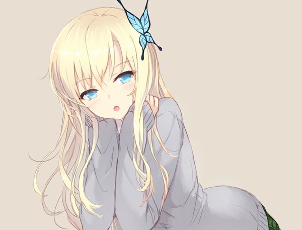 Anime picture 1000x762 with boku wa tomodachi ga sukunai kashiwazaki sena cait single long hair fringe open mouth blue eyes simple background blonde hair looking away leaning leaning forward hands on face girl hair ornament cardigan butterfly hair ornament