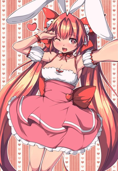 Anime picture 1000x1453 with di gi charat madhouse usada hikaru rabi en rose saiste single tall image blush open mouth smile red eyes animal ears red hair very long hair one eye closed wink bunny ears girl dress dice