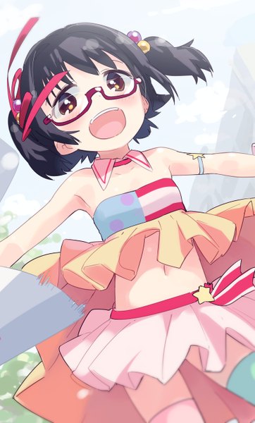 Anime picture 800x1326 with idolmaster idolmaster cinderella girls akagi miria mizu asato single tall image looking at viewer blush fringe short hair open mouth black hair smile bare shoulders brown eyes :d midriff two side up spread arms bespectacled