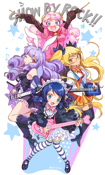 Anime picture 600x1000 with show by rock!! studio bones cyan (show by rock!!) strawberry heart retoree (show by rock!!) chuchu (show by rock!!) moa (show by rock!!) inzup long hair tall image looking at viewer blush short hair open mouth blue eyes blonde hair twintails multiple girls brown eyes animal ears