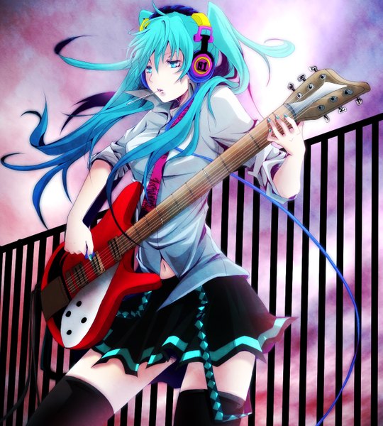 Anime picture 1350x1500 with vocaloid hatsune miku ryoko (pixiv) single long hair tall image green eyes nail polish green hair mouth hold girl thighhighs skirt black thighhighs miniskirt headphones wire (wires) guitar