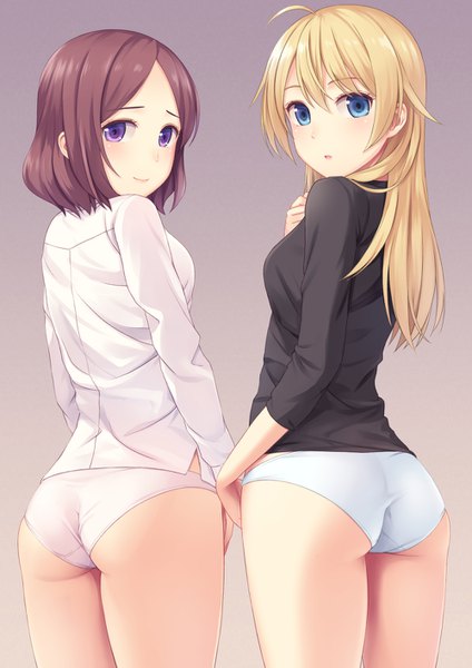 Anime picture 1000x1415 with new game! doga kobo yagami kou tooyama rin n.g. long hair tall image looking at viewer blush fringe short hair open mouth blue eyes light erotic blonde hair simple background smile hair between eyes brown hair purple eyes