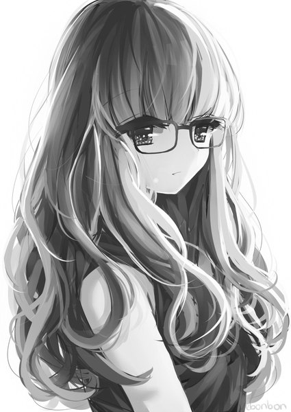 Anime picture 700x989 with original venn (vebonbon) single long hair tall image looking at viewer fringe simple background white background bare shoulders signed upper body parted lips sleeveless monochrome portrait wavy hair girl dress glasses