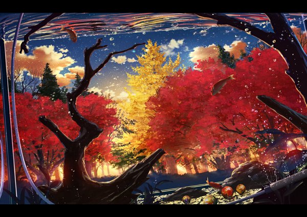 Аниме картинка 1169x827 с оригинальное изображение cola (pixiv) небо облако (облака) letterboxed пейзаж живописный осень растение (растения) животное дерево (деревья) вода пузырь (пузыри) рыба (рыбы) ветка аквариум