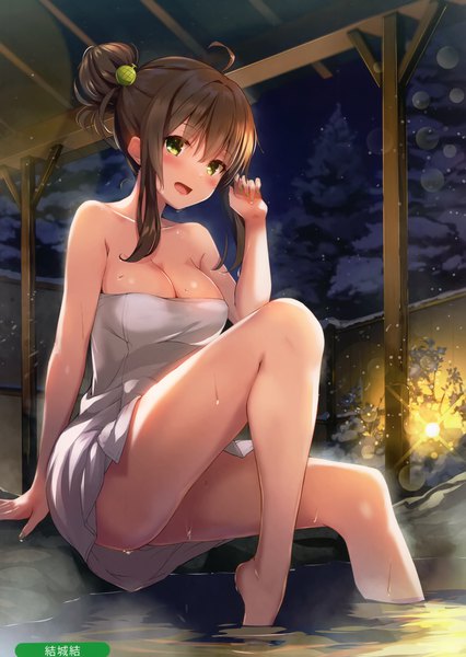 Anime picture 2096x2954 with melonbooks yuuki yuu single long hair tall image looking at viewer blush fringe highres breasts open mouth light erotic smile hair between eyes brown hair sitting bare shoulders green eyes signed payot