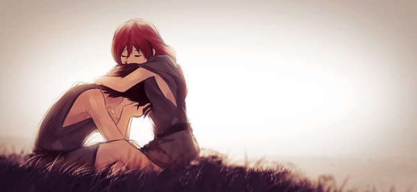Anime picture 2800x1291 with hai to gensou no grimgar a-1 pictures yume (grimgar) haruhiro (grimgar) masfergi long hair fringe highres short hair hair between eyes brown hair wide image sitting bare shoulders sky outdoors red hair eyes closed bare legs hug