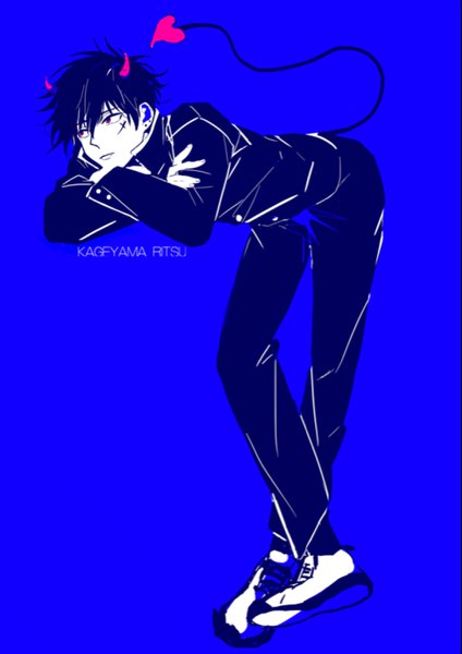 Anime picture 2435x3443 with mob psycho 100 studio bones kageyama ritsu imtangsun single tall image fringe highres short hair black hair simple background hair between eyes red eyes standing looking away full body tail horn (horns) inscription leaning