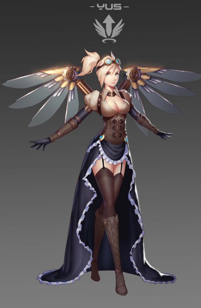 Anime picture 3720x5669 with overwatch blizzard entertainment mercy (overwatch) yus single long hair tall image looking at viewer highres breasts blue eyes blonde hair simple background large breasts signed absurdres cleavage ponytail light smile grey background