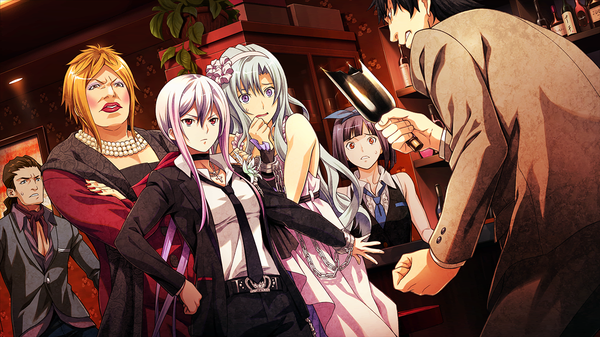 Anime picture 1280x720 with disorder 6 joe (disorder 6) shiina (disorder 6) long hair blush blonde hair red eyes wide image purple eyes pink hair game cg silver hair otoko no ko girl dress boy shirt necktie chain