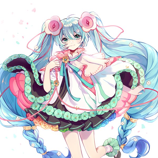 Anime picture 1300x1300 with vocaloid magical mirai (vocaloid) hatsune miku magical mirai miku magical mirai miku (2021) nishina hima single looking at viewer fringe smile hair between eyes standing white background twintails ahoge braid (braids) very long hair aqua eyes aqua hair standing on one leg