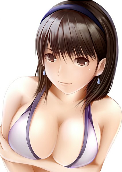 Anime picture 708x1000 with love plus anegasaki nene nannacy7 single tall image looking at viewer short hair breasts light erotic black hair simple background large breasts white background brown eyes girl swimsuit bikini hairband
