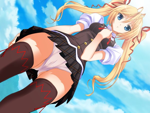 Anime picture 1024x768 with precious summer vacation! (game) long hair blue eyes light erotic blonde hair twintails game cg sky cloud (clouds) girl thighhighs underwear panties ribbon (ribbons) black thighhighs hair ribbon