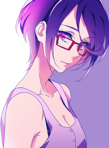 Anime picture 600x818 with precure dokidoki! precure toei animation kenzaki makoto negom single tall image looking at viewer short hair simple background purple eyes bare shoulders cleavage purple hair upper body sleeveless expressionless girl glasses
