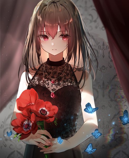 Anime picture 1499x1837 with original kinoruru toiro single long hair tall image looking at viewer blush fringe hair between eyes red eyes brown hair standing bare shoulders holding sleeveless lens flare expressionless girl dress flower (flowers)