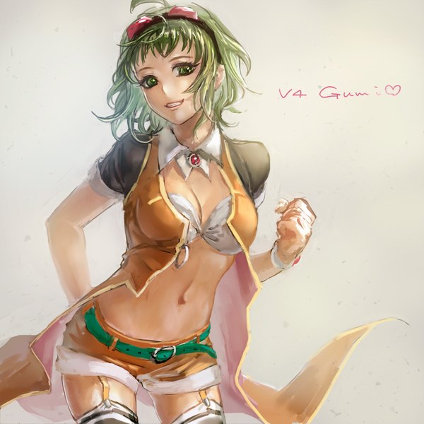 Anime picture 900x900 with vocaloid gumi yamakawa umi single short hair light erotic simple background green eyes looking away cleavage ahoge green hair grey background bare belly character names arm behind back goggles on head girl thighhighs navel