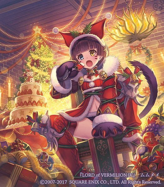 Anime picture 750x857 with lord of vermilion madopen single tall image fringe short hair blue eyes light erotic sitting yellow eyes purple hair tail blunt bangs animal tail official art from below cat tail heterochromia christmas girl