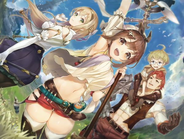 Anime picture 2631x1996 with atelier (series) atelier ryza gust (company) reisalin stout klaudia valentz lent marslink tao mongarten cruel gz long hair blush highres short hair breasts open mouth blonde hair red eyes brown hair bare shoulders multiple girls green eyes