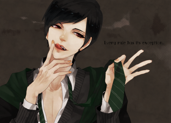 Anime picture 1600x1154 with harry potter tom marvolo riddle yon (artist) short hair black hair brown eyes inscription open clothes open shirt boy necktie tongue
