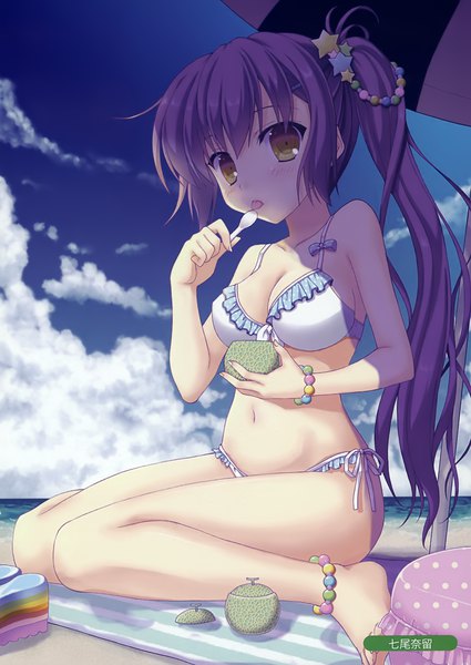 Anime picture 2478x3500 with melonbooks nanao naru single long hair tall image blush highres breasts light erotic sitting yellow eyes sky purple hair cloud (clouds) scan beach side ponytail wariza licking girl