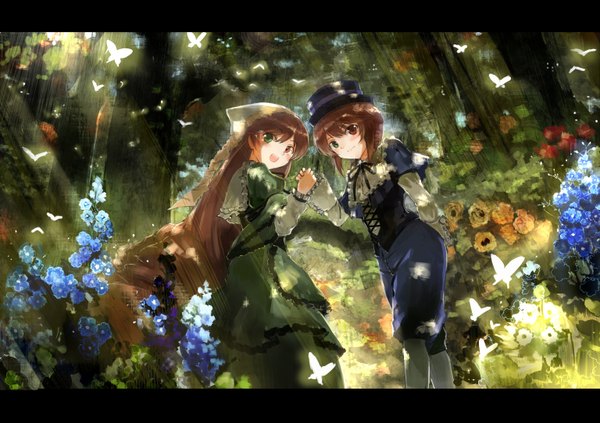 Anime picture 1536x1083 with rozen maiden suiseiseki souseiseki ultimate asuka long hair blush short hair open mouth red eyes brown hair multiple girls green eyes heterochromia holding hands light letterboxed fantasy twins girl dress