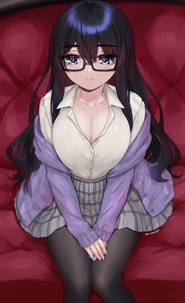 Anime picture 1416x2314 with original akitannn single long hair tall image fringe breasts light erotic black hair smile hair between eyes large breasts purple eyes signed cleavage pleated skirt plaid skirt open collar girl skirt