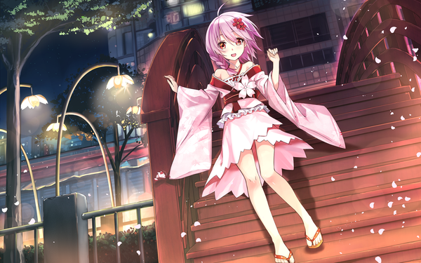 Anime picture 1920x1200 with sergestid shrimp in tungkang xuan ying hika (cross-angel) single long hair looking at viewer blush highres pink hair braid (braids) traditional clothes japanese clothes pink eyes night cherry blossoms scenic girl plant (plants) petals tree (trees)