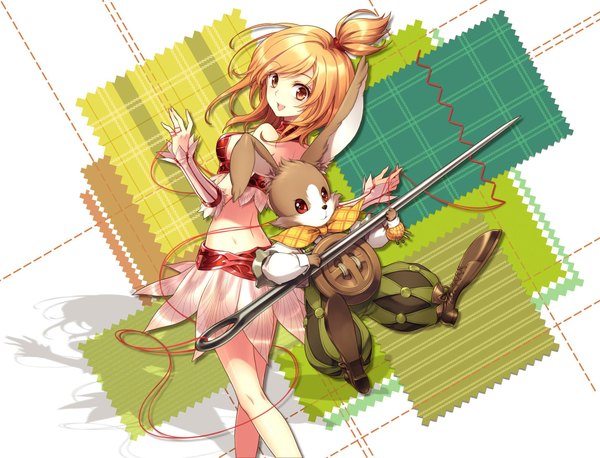 Anime picture 2306x1762 with aila online an2a highres short hair blonde hair red eyes standing looking back shadow orange eyes wallpaper girl detached sleeves buttons bunny thread red thread needle