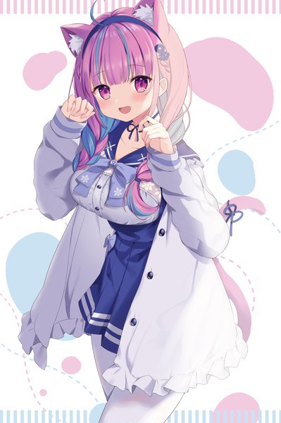 Anime picture 2894x4350 with virtual youtuber hololive minato aqua minato aqua (sailor) okiq single long hair tall image looking at viewer blush highres open mouth purple eyes animal ears purple hair tail braid (braids) :d animal tail multicolored hair