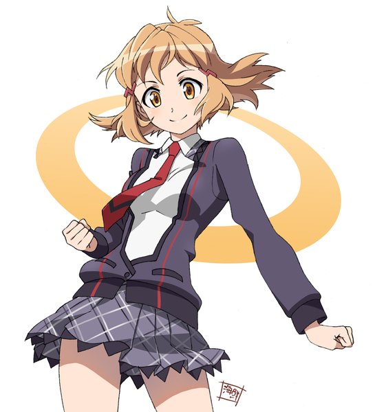 Anime picture 2089x2299 with senki zesshou symphogear satelight tachibana hibiki kaisen single tall image blush fringe highres short hair simple background blonde hair smile standing white background yellow eyes looking away girl uniform school uniform