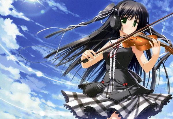 Anime picture 4003x2772 with minna no uta kugenuma ayane sakaki maki single highres sky two side up girl skirt headphones violin bow (instrument)