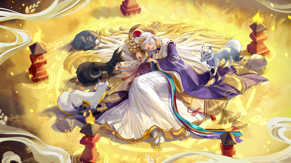 Anime-Bild 2160x1215 mit onmyoji miketsu (onmyoji) achyue single highres wide image holding full body bent knee (knees) outdoors white hair eyes closed very long hair traditional clothes parted lips japanese clothes from above mole wide sleeves sleeping