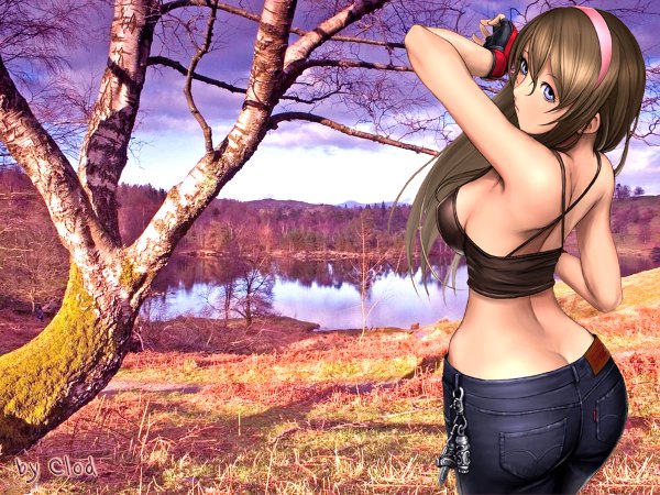 Anime picture 1200x900 with dead or alive hitomi tagme (artist) clod (artist) single long hair light erotic brown hair purple eyes ass looking back from behind wallpaper girl gloves plant (plants) tree (trees) fingerless gloves jeans