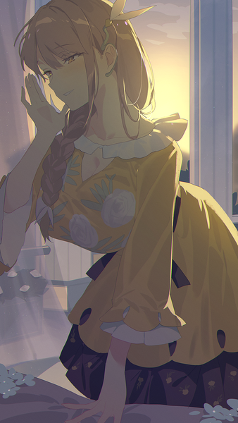 Anime picture 797x1415 with fire emblem fire emblem engage nintendo goldmary (fire emblem) sabet (young ouo) single long hair tall image fringe hair between eyes brown hair looking away braid (braids) leaning leaning forward single braid girl dress yellow dress