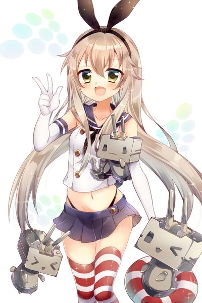 Anime picture 2733x4093 with kantai collection shimakaze destroyer rensouhou-chan pk (mukasihasakana) single long hair tall image blush fringe highres open mouth light erotic blonde hair hair between eyes looking away bare belly victory > < girl thighhighs