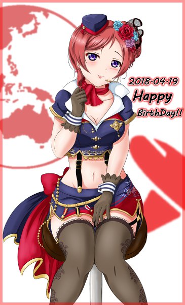 Anime picture 1459x2400 with love live! school idol project sunrise (studio) love live! nishikino maki nopung single tall image looking at viewer short hair purple eyes red hair head tilt hair flower midriff border dated happy birthday girl thighhighs flower (flowers)