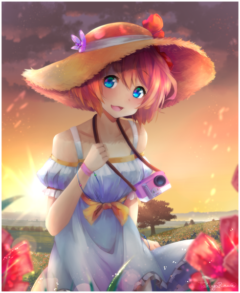 Anime picture 744x910 with doki doki literature club sayori (doki doki literature club) takuyarawr single tall image blush fringe short hair open mouth blue eyes smile hair between eyes standing bare shoulders holding signed pink hair sky cloud (clouds) outdoors