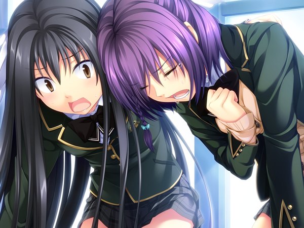 Anime picture 1024x768 with joker (game) oryou long hair short hair open mouth black hair multiple girls brown eyes game cg purple hair tears girl uniform 2 girls school uniform